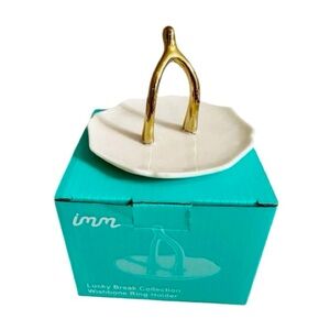 IMM Lucky Break Wishbone Ring Holder White Porcelain Gold Jewelry Holder NIB NEW